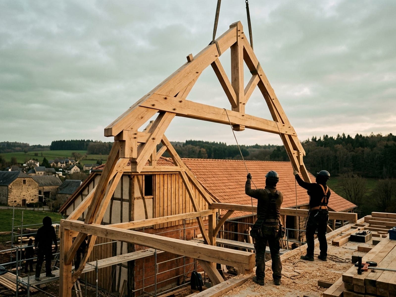 Levage d'une ferme bois de 13 m de portée sur un chantier au Luxembourg