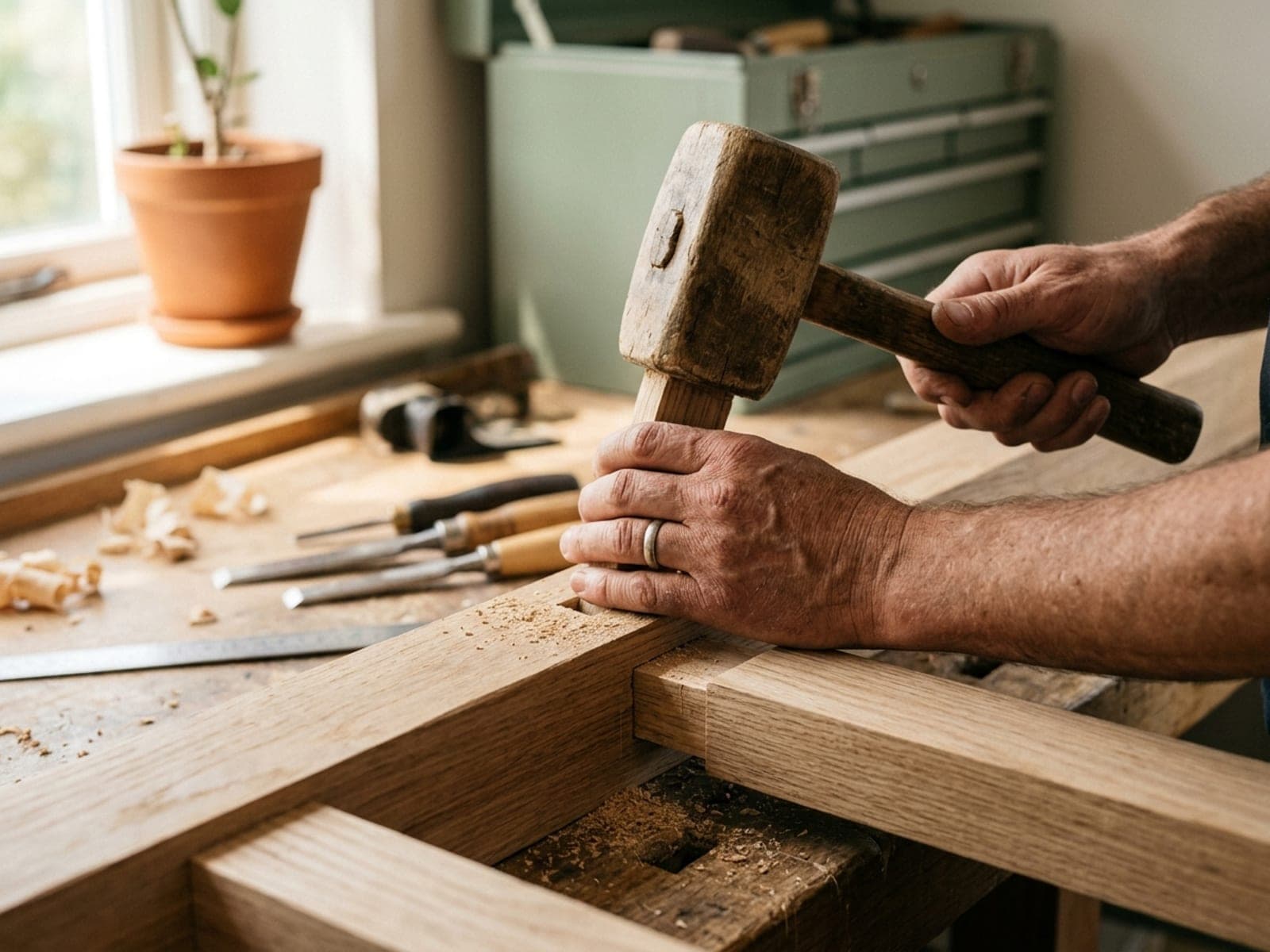 Mains d'un charpentier ajustant un assemblage tenon-mortaise au maillet