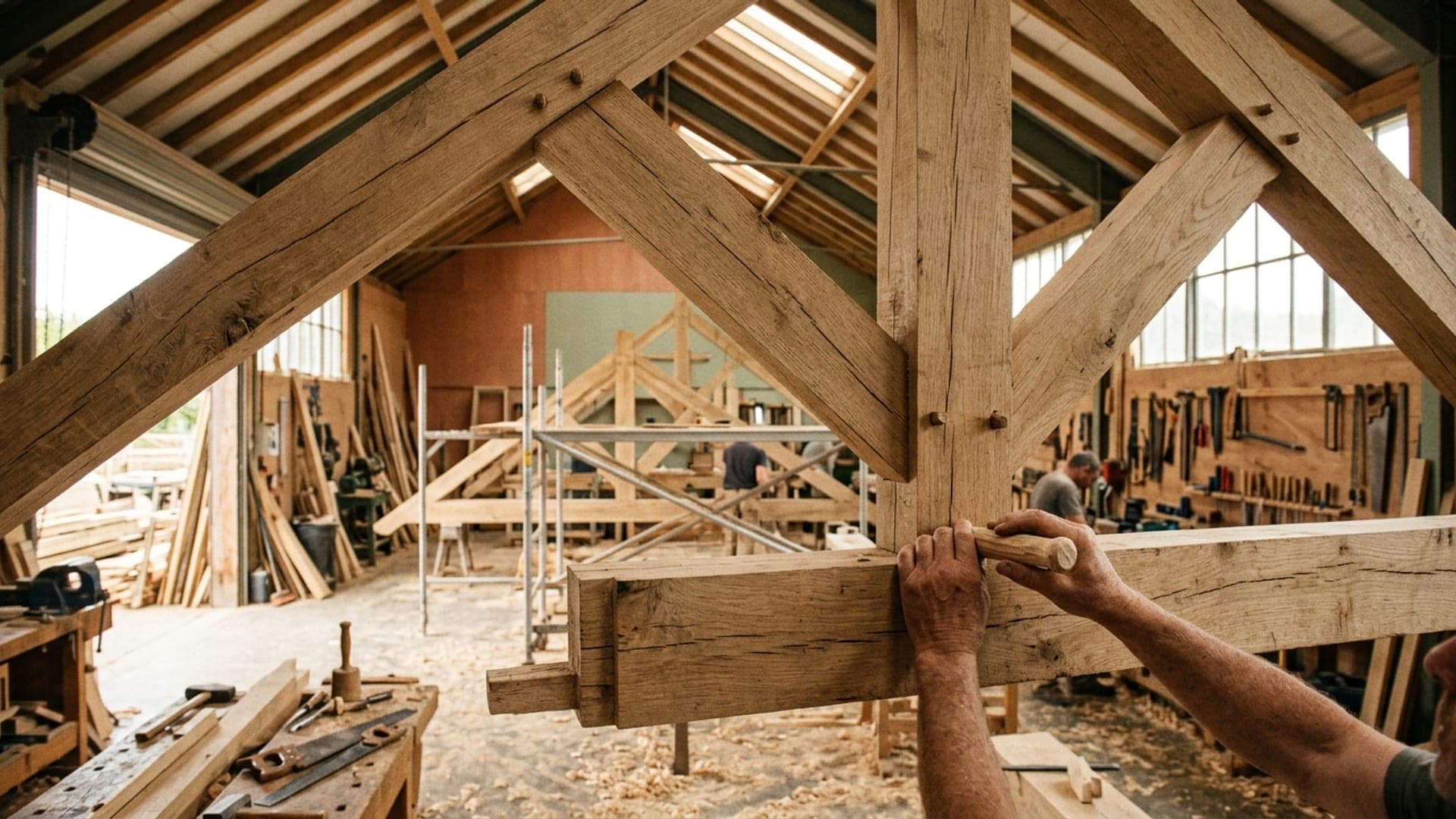 Charpentier assemblant une ferme traditionnelle en chêne dans l'atelier Charpentes Klein